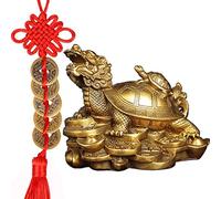 Nvzi Feng Shui Brass Dragon Turtle Statue with 5 Lucky Coins on Red String, 8 * 6 * 6cm Wealth & Protection Figurine - Best Housewarming & Congratulatory Gift，Gold