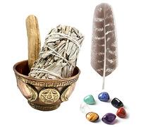 NW 7 Chakra Crystal Set & Sage Smudge Kit Triple Moon with Pentacle Symbol Smudging Bowl White Sage Smudge Stick Palo Santo