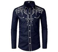 NW Mens Stylish Western Cowboy Shirt Embroidered Slim Fit Casual Long Sleeve Shirts Mens Wedding Party Shirt Navy