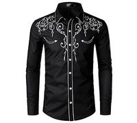 NW Mens Stylish Western Cowboy Shirt Embroidered Slim Fit Casual Long Sleeve Shirts Mens Wedding Party Shirt Black