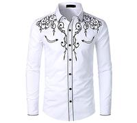 NW Mens Stylish Western Cowboy Shirt Embroidered Slim Fit Casual Long Sleeve Shirts Mens Wedding Party Shirt White