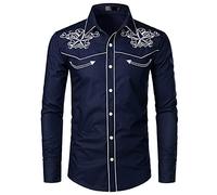 NW Mens Stylish Western Cowboy Shirt Embroidered Slim Fit Casual Long Sleeve Shirts Mens Wedding Party Shirt