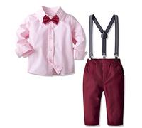Nwada Toddler Suit Baby Boy Clothes with Dress Shirt, Suspender Pants and Bow Tie, Wedding Outfit 12 Months 7 Years, Pink, 5-6 Years