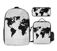 NWGHM Black World Map Backpack Set with Lunch Box Pencil Case Travel Laptop Backpack Casual Daypack for Men Women, White, One Size, Daypack Backpacks