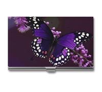 NWGHM Business Card Holder for Men Women Purple Plum Butterfly Business Card Case Pocket Card Holders Name Card Holder Slim Metal Business Card Organizer Business Card Carrier, silver, 3.7x2.2x0.3