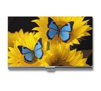 NWGHM Business Card Holder for Men Women Yellow Sunflowers with Blue Butterflies Business Card Case Pocket Card Holders Name Card Holder Slim Metal Business Card Organizer Business Card Carrier,