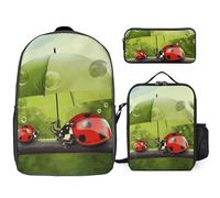 NWGHM Funny Ladybug Holding Umbrellas Backpack Set with Lunch Box Pencil Case Travel Laptop Backpack Casual Daypack for Men Women, White, One Size, Daypack Backpacks
