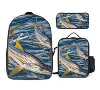 NWGHM Two Big Fish in The Water Backpack Set with Lunch Box Pencil Case Travel Laptop Backpack Casual Daypack for Men Women, White, One Size, Daypack Backpacks
