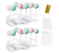 NWK 2 Pieces Cake Pop Stands with Sticks Kit. Lollipop Holders Candy Display Stand 20 Holes with 50 Pcs Sticks, 50 Pcs Clear Wrappers, 50 Pcs Gold Twist Ties (Clear)