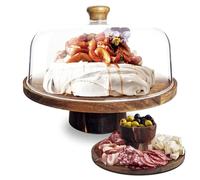 NWK 3-in-1 Cake Stand with Lid Rustic Acacia Wooden Cake Plate with Pedestal, Food serving Platter, Cheese Board, Acrylic Cover Shatterproof
