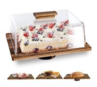 NWK 3-in-1 Cake Stand with Lid Rustic Acacia Wooden Cake Plate with Pedestal, Food serving Platter, Cheese Board, Acrylic Cover Shatterproof (Rectangular)
