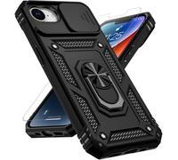 NWNK13 Case for iPhone 17e & iPhone 16e Phone Cover Built in Slide Camera Cover With Screen Protector Heavy Duty Shockproof Full Body Phone Case with Finger Ring Holder Kickstand Black