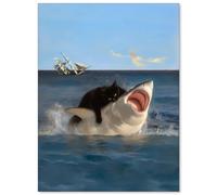 NWPNLXEA Renaissance Style Cat and Shark Art, Funny Animal Rivalry Canvas Wall Print, Unique Conversation Piece for Living Room, Bedroom Decor Unframed,12x18inch(30x45cm)
