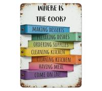 NWPNLXEA Vintage Metal Tin Sign Where Is The Cook Kitchen Status Funny Chef Saying Wall Decor Retro Plaque for Cooking Baking Area Home Bar 8 X 12 inch
