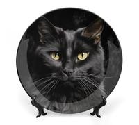 NWTRJ A Black Cat on A Black Background Ceramic Decorative Plates 6inch Bone China Decorative Plates with Display Stand Handmade Ceramic Ornament for Home Kitchen Bedroom Decorative Ornaments