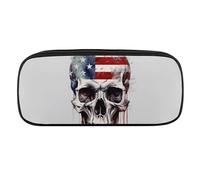 NWTRJ American Flag Skull Pencil Case Waterproof Leather Pencil Bag Large Capacity Pen Pounch Cosmetic Makeup Bag for Women Men