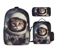 NWTRJ Animal Cat Astronaut 3 Piece Backpack Set with Lunch Bag And Pencil Case Travel Laptop Bags Lightweight Causal Daypack for Women Men