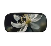 NWTRJ Bee Falls on Flower Pencil Case Waterproof Leather Pencil Bag Large Capacity Pen Pounch Cosmetic Makeup Bag for Women Men