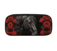 NWTRJ Black Horse on A Background of Red Roses Pencil Case Waterproof Leather Pencil Bag Large Capacity Pen Pounch Cosmetic Makeup Bag for Women Men