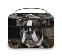 NWTRJ Boston Terrier Travel Makeup Bag Portable Waterproof Cosmetic Bag PU Leather Makeup Brush Holder Toiletry Bag for Women Ladies, style, 25x18x15cm