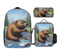 NWTRJ Busy Beaver Cartoon 3 Piece Backpack Set with Lunch Bag And Pencil Case Travel Laptop Bags Lightweight Causal Daypack for Women Men