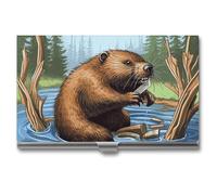 NWTRJ Busy Beaver Cartoon Business Card Holder Slim Portable Business Card Case Metal Pocket Name Card Holder Wallet for Men Women Office Travel