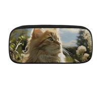 NWTRJ Cat Sitting in Green Field Pencil Case Waterproof Leather Pencil Bag Large Capacity Pen Pounch Cosmetic Makeup Bag for Women Men