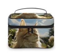NWTRJ Cat Sitting in Green Field Travel Makeup Bag Portable Waterproof Cosmetic Bag PU Leather Makeup Brush Holder Toiletry Bag for Women Ladies, style, 25x18x15cm