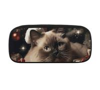 NWTRJ Christmas Siamese Cat Pencil Case Waterproof Leather Pencil Bag Large Capacity Pen Pounch Cosmetic Makeup Bag for Women Men