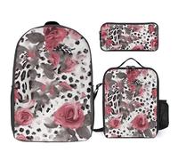 NWTRJ Cute Rose Mix Leopard Pattern 3 Piece Backpack Set with Lunch Bag And Pencil Case Travel Laptop Bags Lightweight Causal Daypack for Women Men, Style, One Size