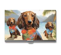 NWTRJ Dachshund Tropical Painting Art Business Card Holder Slim Portable Business Card Case Metal Pocket Name Card Holder Wallet for Men Women Office Travel