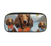 NWTRJ Dachshund Tropical Painting Art Pencil Case Waterproof Leather Pencil Bag Large Capacity Pen Pounch Cosmetic Makeup Bag for Women Men