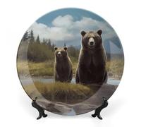 NWTRJ Encounter Animal Bear Ceramic Decorative Plates 8inch Bone China Decorative Plates with Display Stand Handmade Ceramic Ornament for Home Kitchen Bedroom Decorative Ornaments
