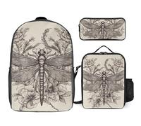 NWTRJ Hand Drawn Floral Dragonfly 3 Piece Backpack Set with Lunch Bag And Pencil Case Travel Laptop Bags Lightweight Causal Daypack for Women Men
