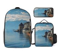 NWTRJ Lake Geneva Switzerland 3 Piece Backpack Set with Lunch Bag And Pencil Case Travel Laptop Bags Lightweight Causal Daypack for Women Men