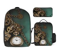 NWTRJ Steampunk Watches Keys And Chains 3 Piece Backpack Set with Lunch Bag And Pencil Case Travel Laptop Bags Lightweight Causal Daypack for Women Men