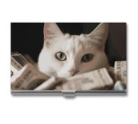 NWTRJ White Cat And Pile of Dollars Business Card Holder Slim Portable Business Card Case Metal Pocket Name Card Holder Wallet for Men Women Office Travel