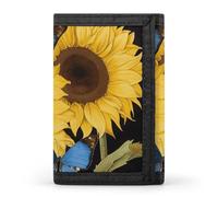 NWTRJ Yellow Sunflowers With Blue Butterflies Wallet for Women Men Trifold Wallets with Keychain Holder Zipper Coin Purse RFID Credit Card Holder Cute Cash Purse