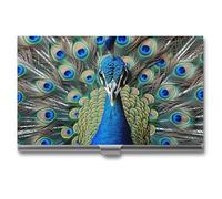 NWTRK Business Card Holder Slim Portable Metal Business Card Case Colorful Peacock Feathers Pocket Name Card Holder Wallet for Men Women Office Travel