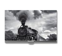 NWTRK Business Card Holder Slim Portable Metal Business Card Case Steam Train Clouds Pocket Name Card Holder Wallet for Men Women Office Travel