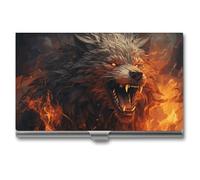 NWTRK Business Card Holder Slim Portable Metal Business Card Case Wild Wolf In The Fire Pocket Name Card Holder Wallet for Men Women Office Travel