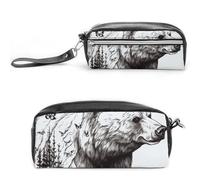 NWTRK Large Pencil Case Wildlife Hand Drawn Bear Animal Pencil Pouch Portable Aesthetic Pencil Bag for Women Men Pen Pouch Cute Stationery Organizer Multifunctional Makeup Bag for Travel Office