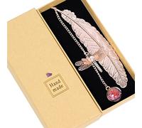 Nwvuop Metal Feather Bookmark with 3D Dragonfly Pendant, Rose Gold Feather Pink Ball, 1 Count