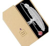 Nwvuop Metal Feather Bookmark with 3D Dragonfly Pendant, Silver Feather Pink Ball