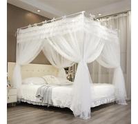 NXGIO Bed Canopy Curtain Double Layer 4 Corners Post Lace Up Ruffle Princess Drape Netting 4 Opening Mosquito Net for Girls Bedroom Decoration (White, 59" W*82" L*82" H/Queen)
