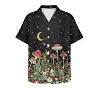 Nxidvxne Summer Mens Hawaiian Shirt Short Sleeve Floral Printed Button Down Aloha Shirts V Neck Tropical Beach Wear, Black&mushroom With Moon, 7XL