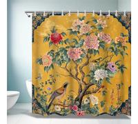 NXMYDBD Waterproof Shower Curtain with Elegant Peony Flowers and Birds on a Vibrant Yellow Background for a Bathroom Decor 138x214cm/(WxH)