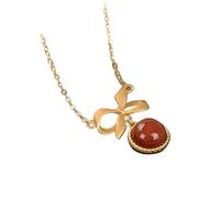 NXNONEPD Ancient Craftsmanship Inlaid with Southern Red Tourmaline Round Bow Pendant Ladies Necklace Classic Retro Chinese Jewelry (Gem Color : Red, Length : 45cm)