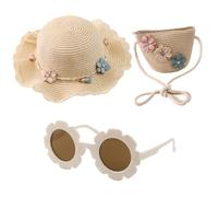 NXPWRC 1 Children's Straw Hat with 1 Straw Bag, 1 Pair of Sunglasses, Straw Hat, Floral Decorative Hat, Sweet Beach Hat, Children's Sun Protection Set Beige
