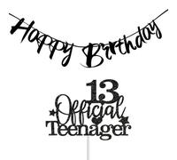 NXPWRC 1 Piece Teen Cake Insert, 1 Piece Happy Birthday Banner, 13Th Birthday Party Decorations, Black Glitter Cake Decorations, Birthday Decoration Set For Boys And Girls.